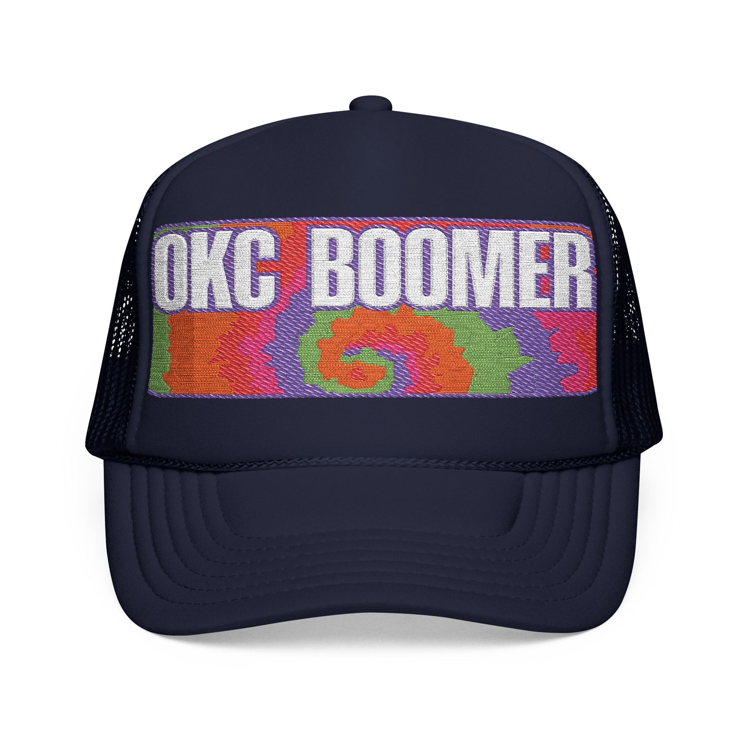 Prattler's Colorful Foam Trucker Hat with 'OKC BOOMER' Embroidery, Trendy Hat, Summer Accessory, Gift for Sports Fans, Festival Wear, Casual Style