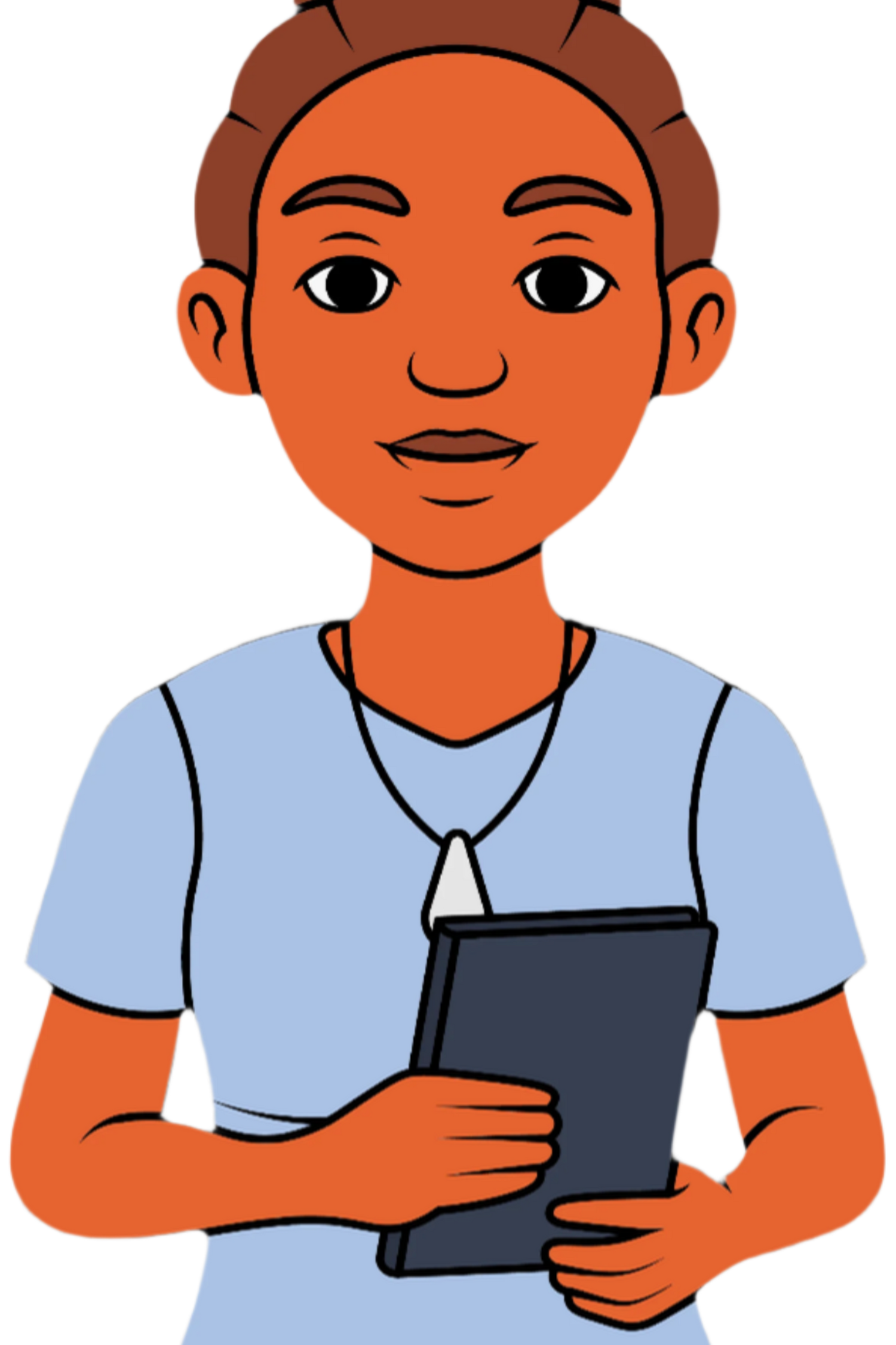 Cartoon character holding a tablet with a plain background