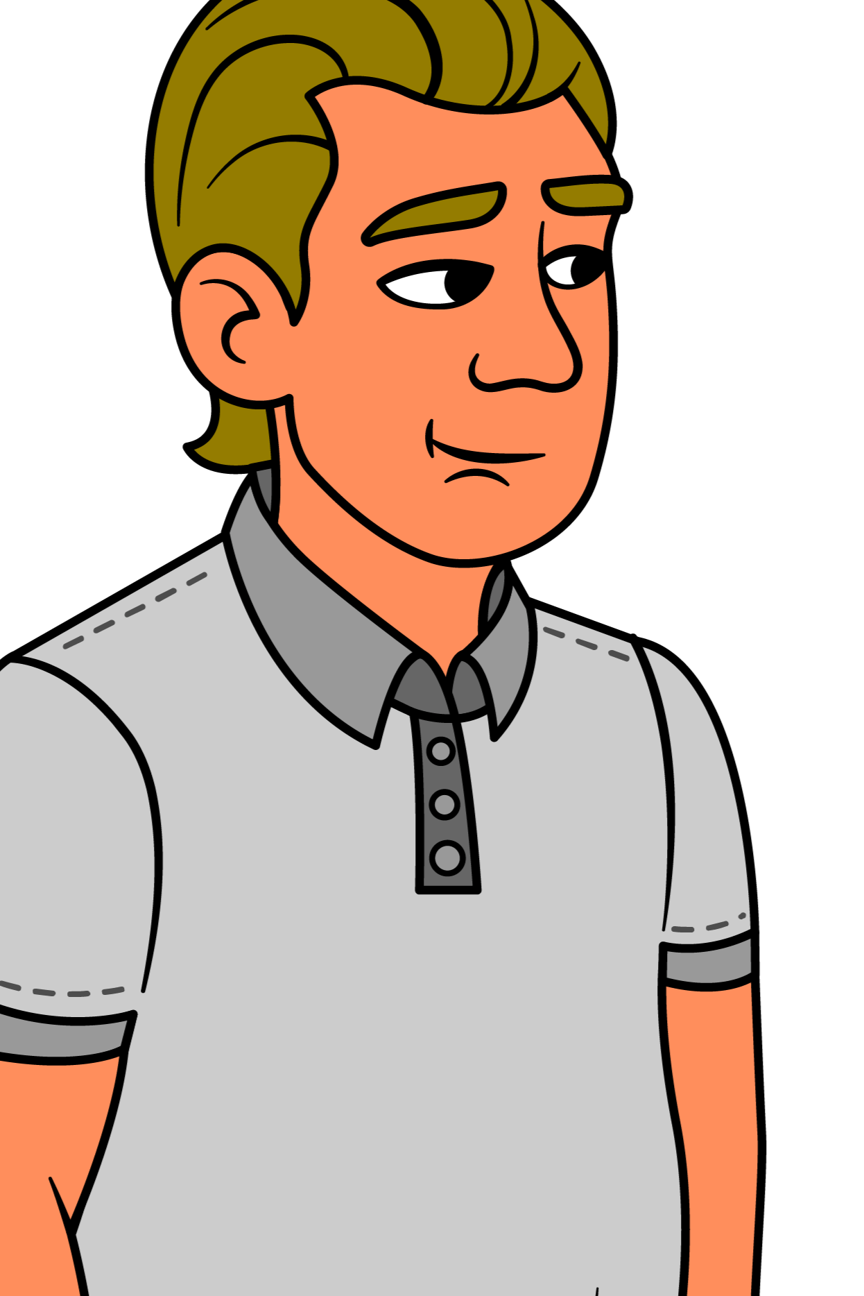 Cartoon character wearing a gray polo shirt and dark pants on a blue background