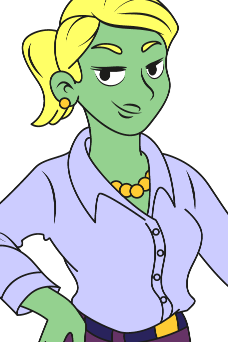 Cartoon character with green skin holding a coffee cup on a white background