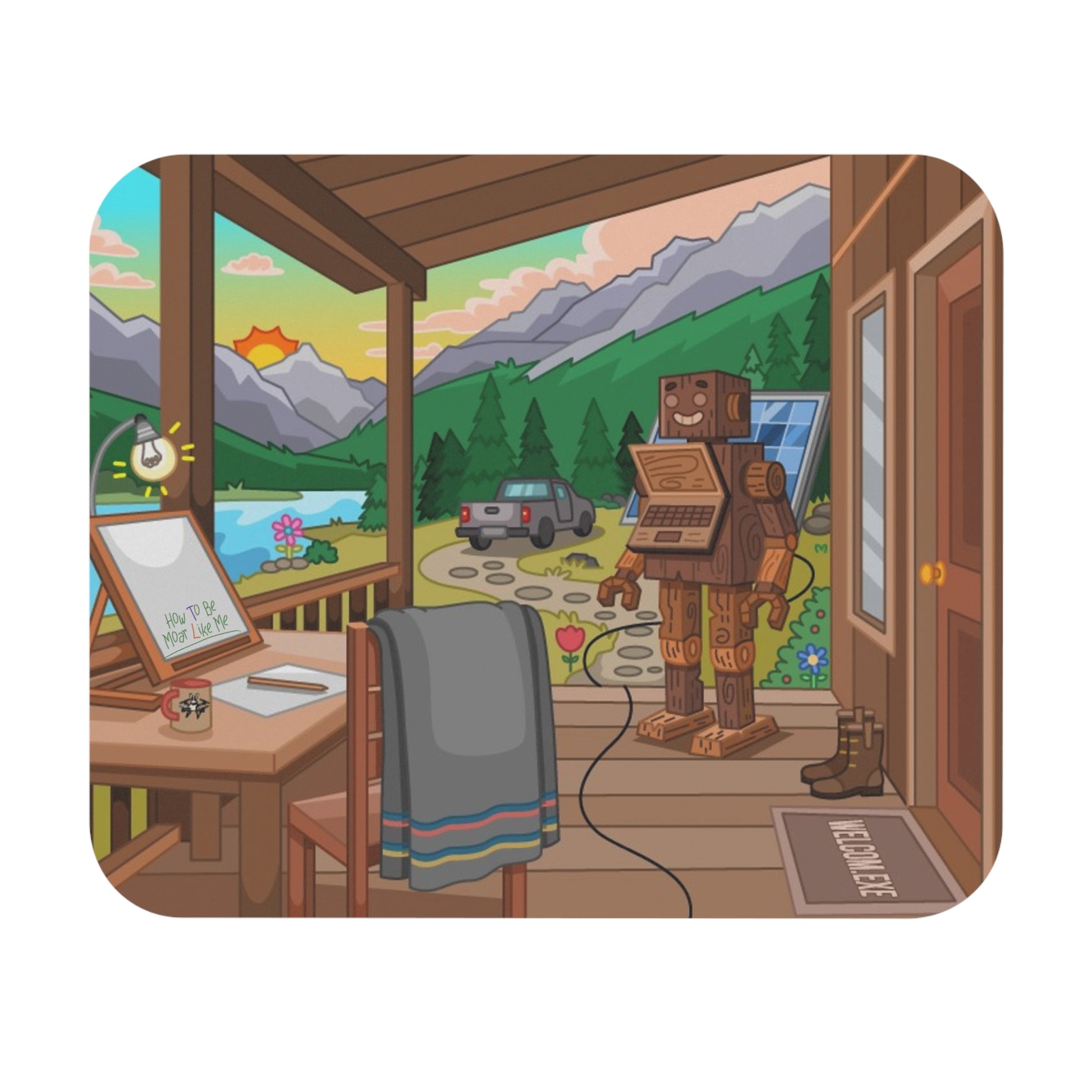 Illustration of a wooden robot in a cabin with a scenic view outside